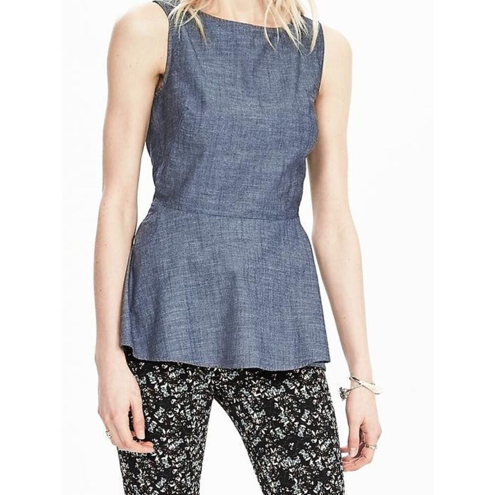 BANANA REPUBLIC Linen Denim Peplum Top Blue Medium Wash Sleeveless Womens 2